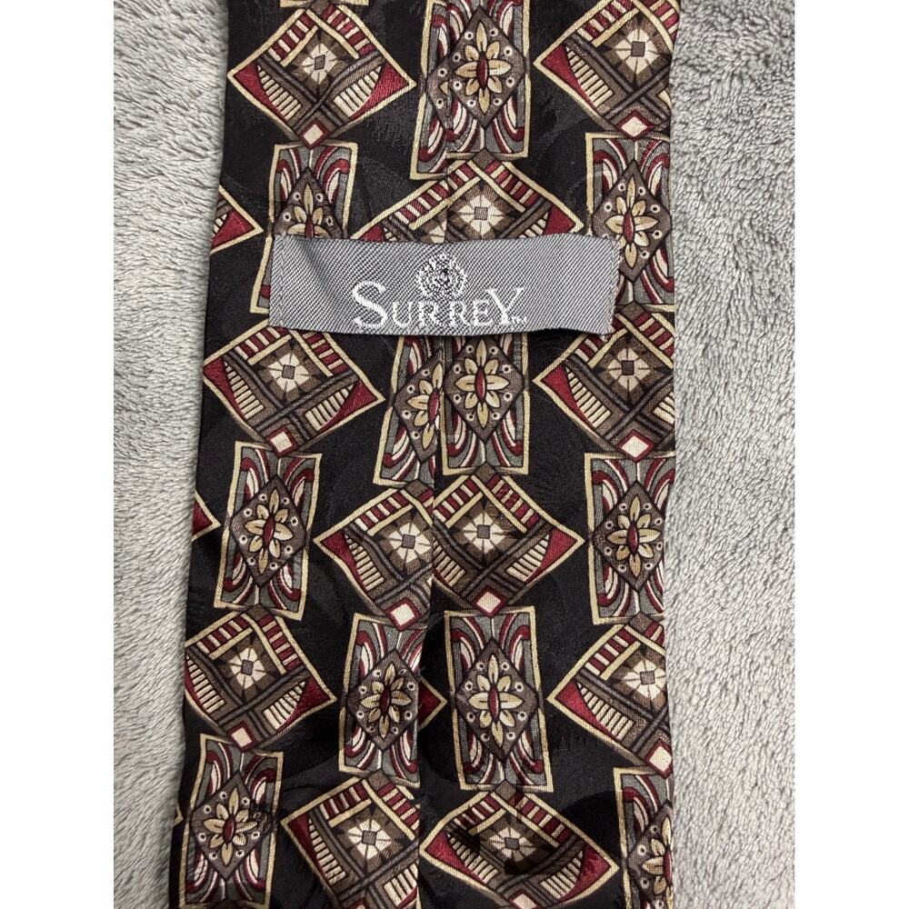 Vintage 90s Surrey Silk Tie Black Burgundy Geometric Wide Mens Necktie - Picture 3 of 4